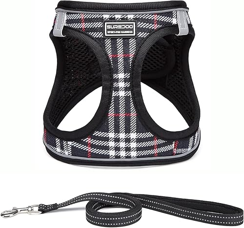 Miniatura 4 de Suredoo Conjunto de arnés y correa para perro, arnés reflectante transpirable para cachorros y gatos para perros pequeños y medianos (cuadros