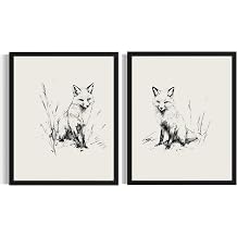 Fox Black and White Unframed Art Print Poster, Vintage Sketch Drawing Animals Painting Minimalist Wall Art Bedroom Living Room Decor AA18 Fox, 10"L x 8"W 2 Panels, Unframed