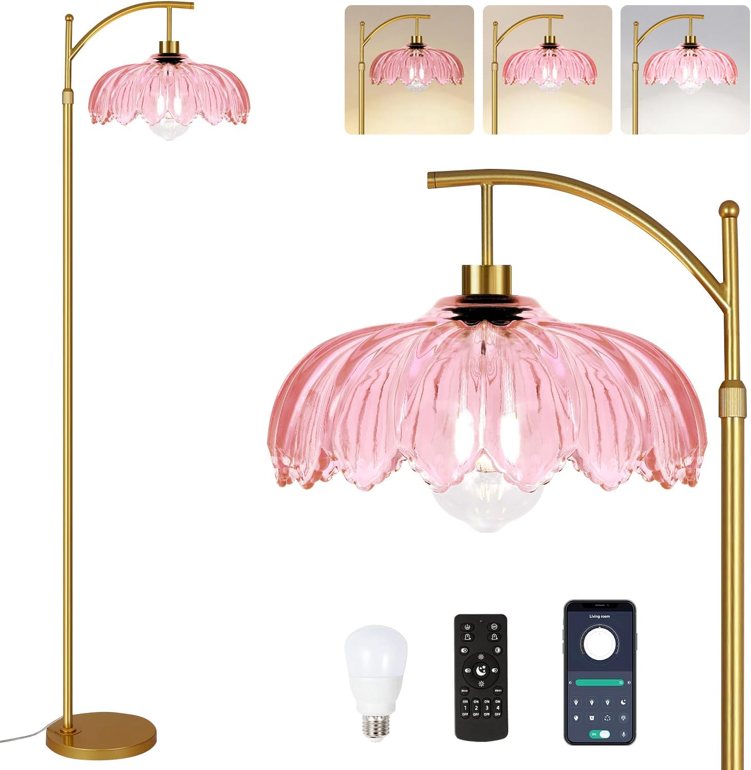 Floor Lamp for Living Room,Bedroom,Gold Dimmable Standing Lamp with Remote,Mid Century Modern Brass Tall Lamp Retro Vintage Pink Glass Lamp Floor Light Boho Bohemian 8-Floor Lamp
