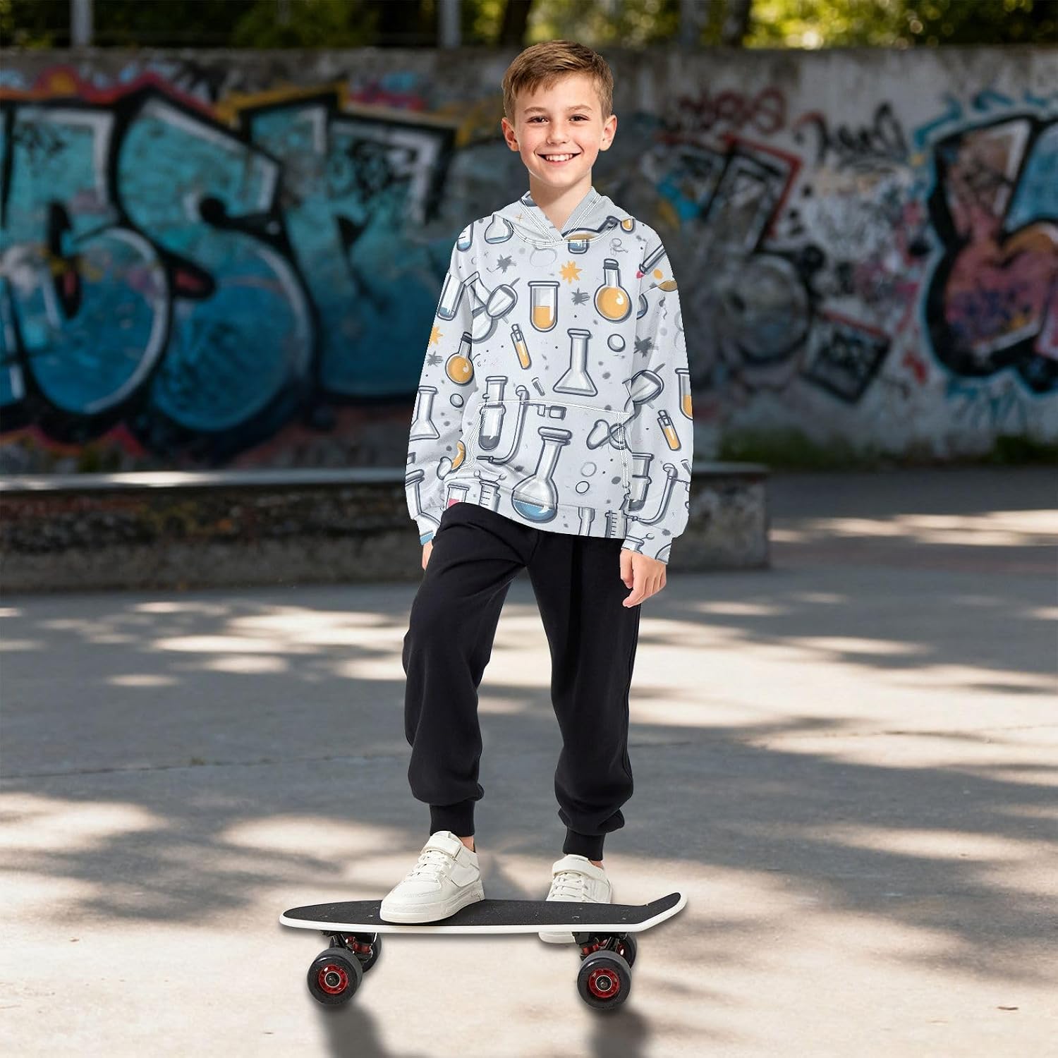 ZZXXB Chemical Formula Experiment Print Kids Sweatshirts Boys Girls Hooded Kangaroo Pocket Pullover Tops XS-XXL