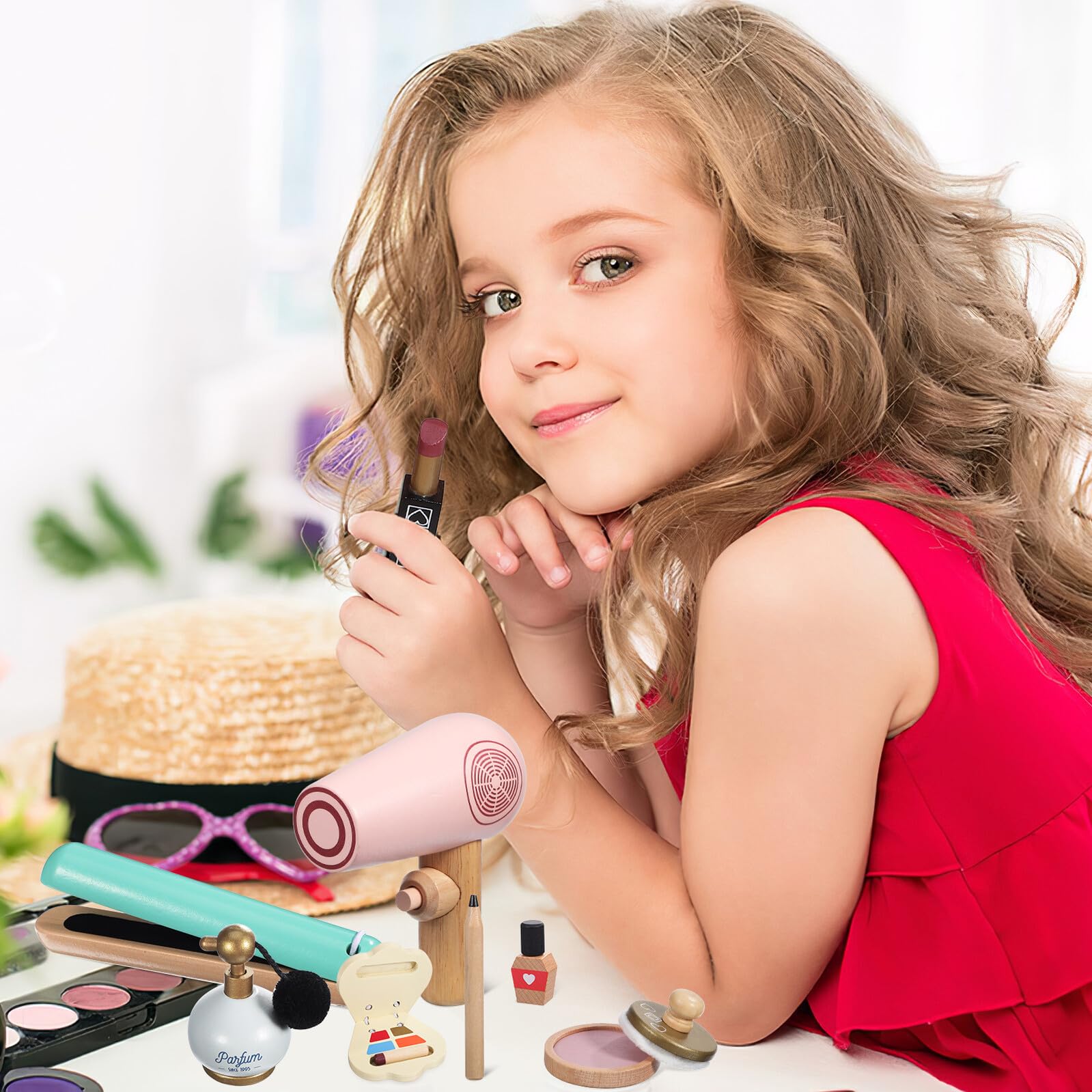 Kit Trucco in Legno per Bimbi, Cosmetici Giocattolo per Travestimenti, Decorazioni Scuola, Lavorazione Fine, Gioco Creativo per Compleanno