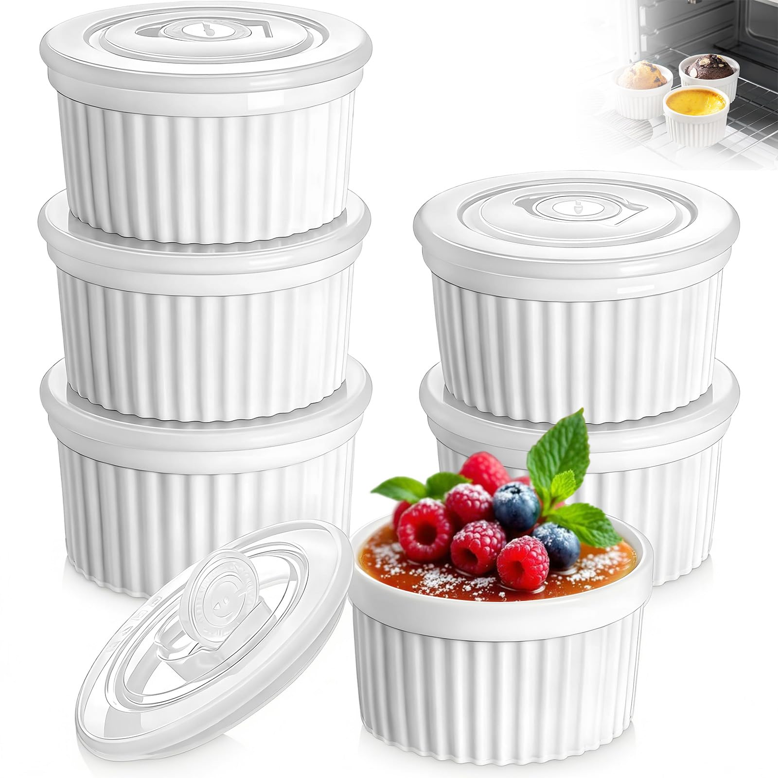 6 Pezzi Ciotole Ceramica con Coperchi, 236ml / 8 Oncia Set Ramekin, Tazza Budino Porcellana, Pirottini Soufflé, Stampi Creme Brulè, Contenitori Mini per Forno, Crema Pasticcera, Dessert (Bianco)