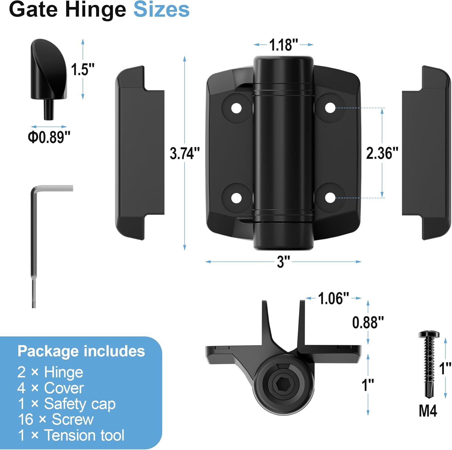 1 Pair Heavy Duty self-Closing Door Hinge kit, Hard hat Design, Rust-Proof Adjustable Fence Hinge for Outdoor Metal, Vinyl and Wood Grating Gates, Black (1)