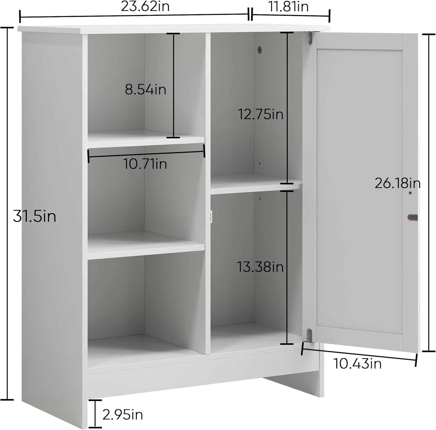 Storage Cabinet with Adjustable Shelves, Freestanding 23.62" Bathroom & Kitchen Floor Cabinet with 1 Door & 3 Open Compartments, Multi-Purpose Organizer for Entryway, Office White (Style-2)