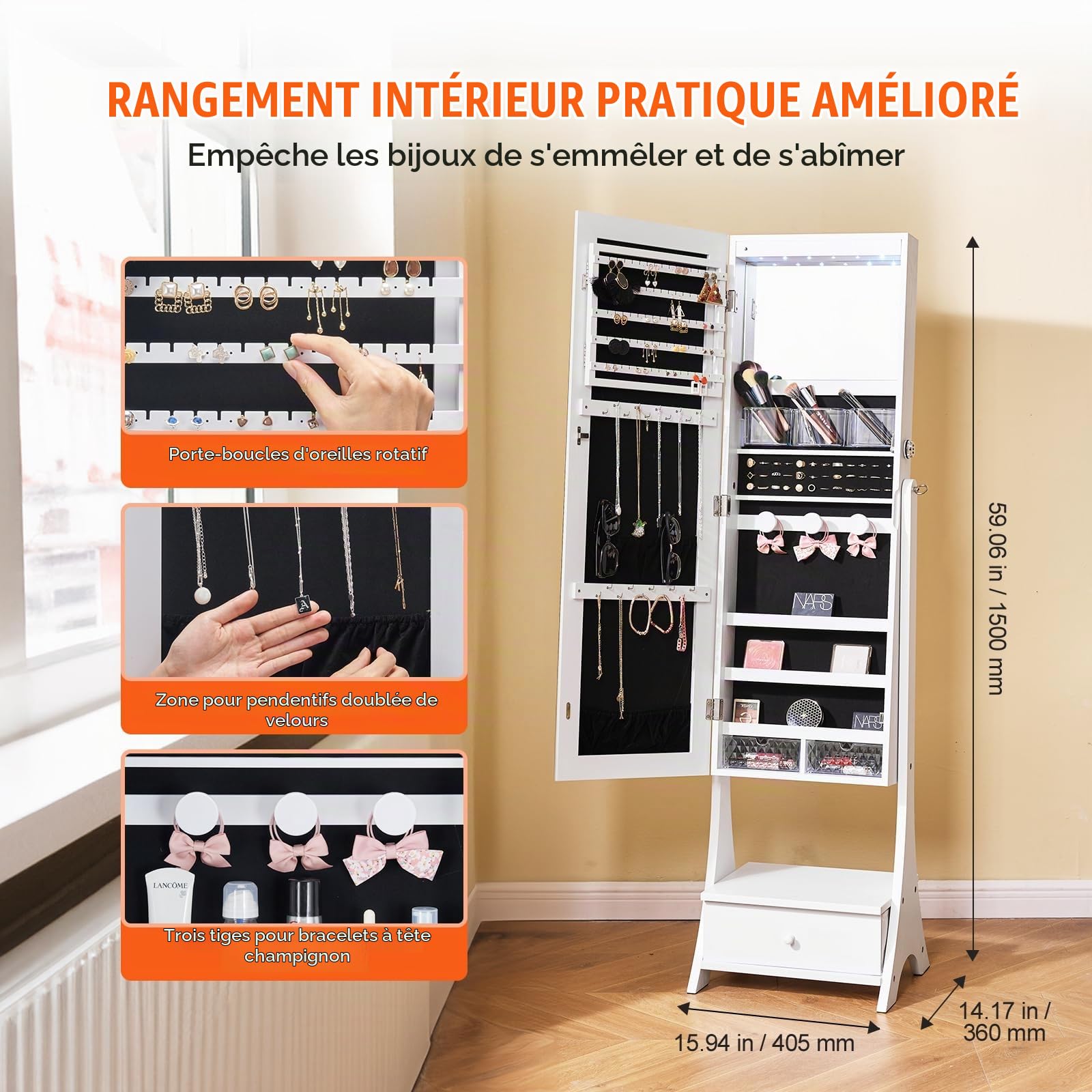 VEVOR Armoire à Bijoux avec Miroir Pleine Longueur, Organisateur de Bijoux sur Pied avec Rangement, Meuble de Rangement pour Bijoux Verrouillable, Doublure en Velours, LED Intérieur, Tiroir, bLANC