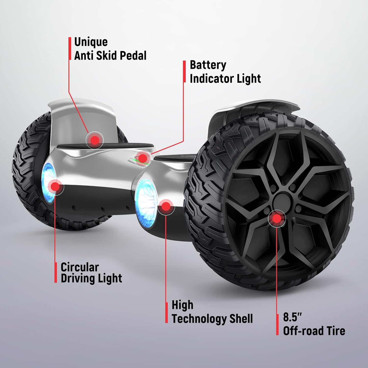 SISIGAD 8.5" Solid Tires Off Road Hoverboard, All Terrain Self Balancing Scooter with 700W Motor, Bluetooth Speakers and LED Lights, Portable Handle