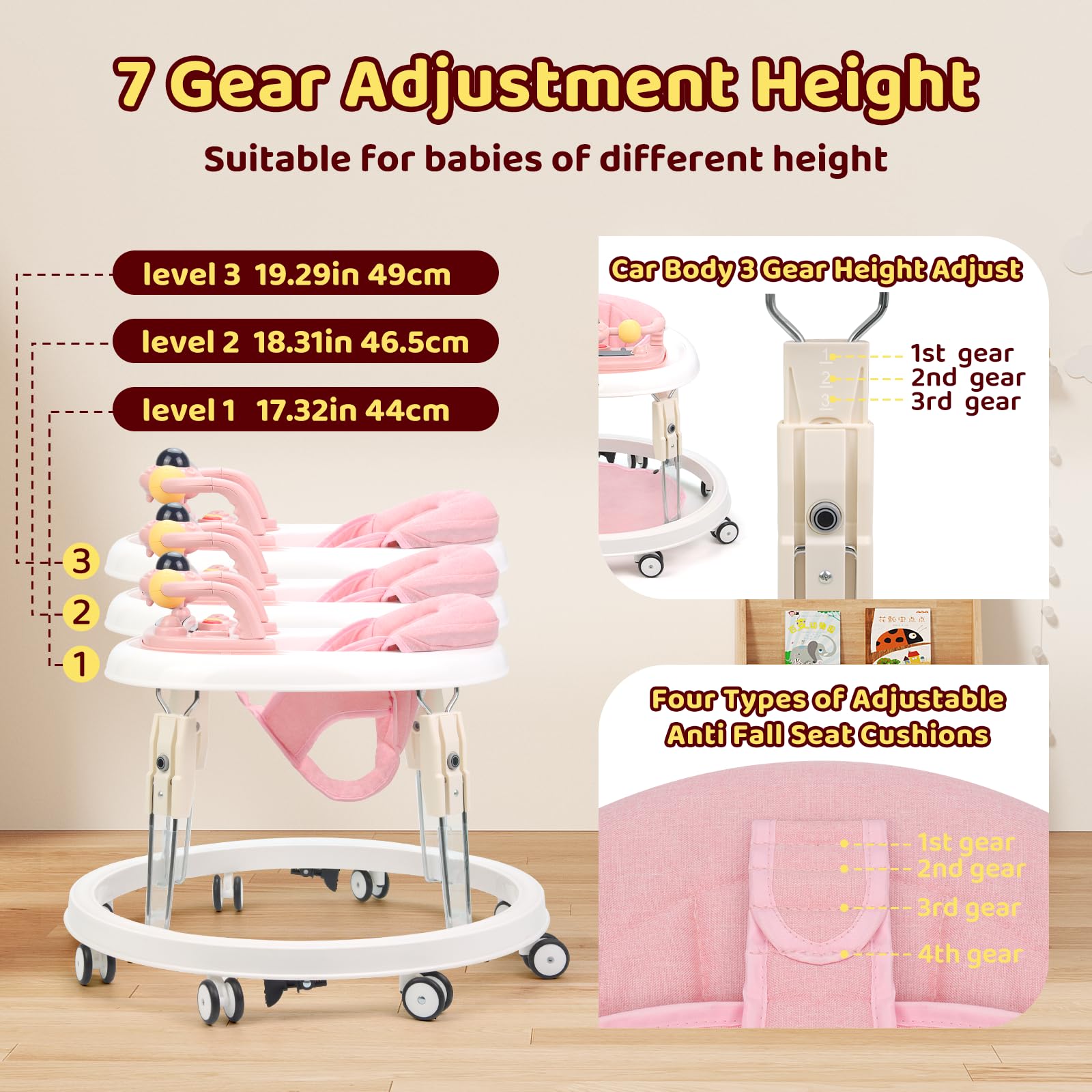 Baby Walker, Foldable Multi-Function Anti-Rollover Walker with Music Tray & Light, 7 Level Height Adjustable, Baby Walkers for 1 Year Olds Suitable for All Terrains (Pink) - 3