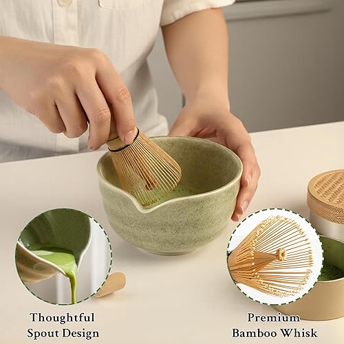 Miniatura 4 de Juego de matcha, batidor y cuenco con boquilla y cuchara medidora, herramientas para hacer té matcha de ceremonia japonesa (verde puro)