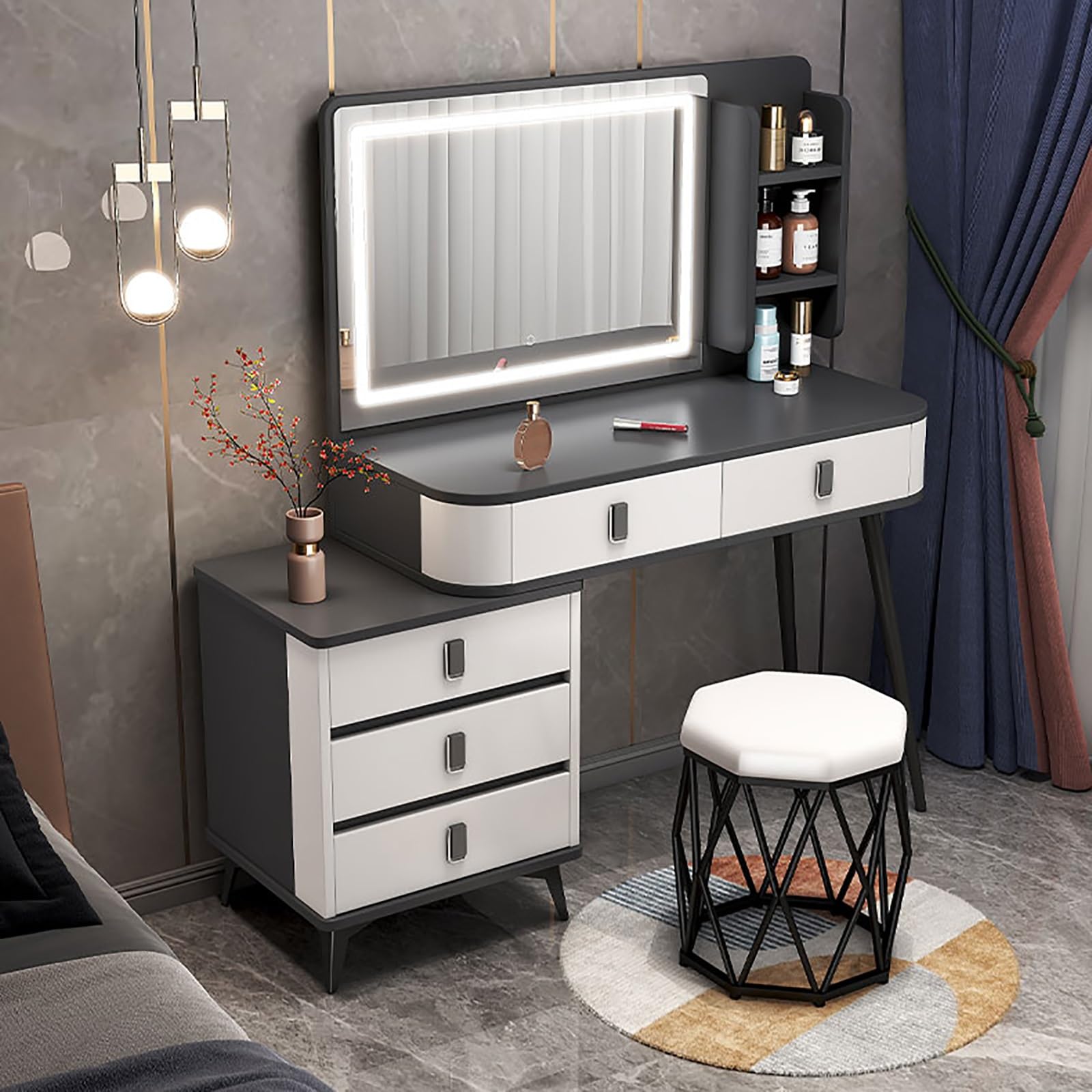 Biały zestaw do makijażu do sypialni i łazienki toaletka z kuszonym stołkiem i wysuwanym stolikiem nocnym (100 x 40 x 77,5 cm) idealny dla dziewcząt i kobiet.