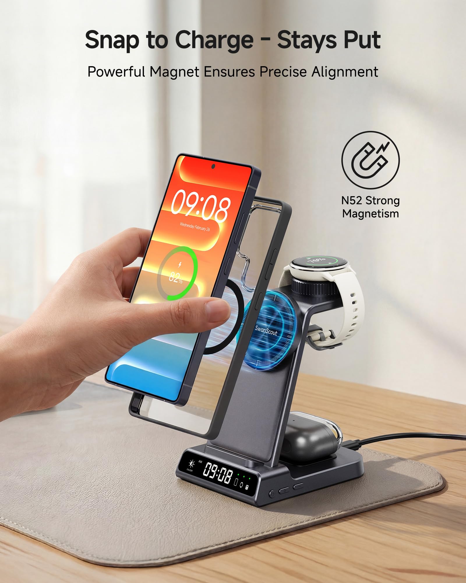 Chargeur pour Garmin Watch, chargeur magnétique pour Samsung S26 S25, station de charge sans fil 3 en 1 pour Fenix, Venu, Forerunner, Vivoactive, Instinct, support de charge pour Galaxy Buds3/3 Pro