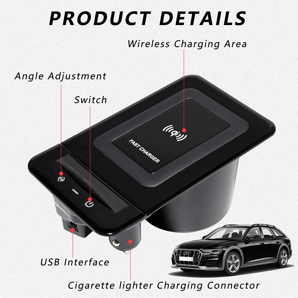Cargador Inalámbrico Coche para Audi A6 S6 RS6 2019-2022 A7 S7 RS7 2020 2022 Panel de Accesorios de la Consola Central, 15W Carga Rápida Teléfono Cargador con USB Puerto para iPhone Samsung