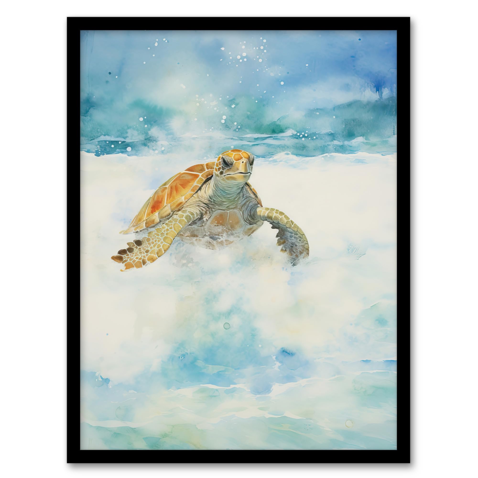 Artery8 Sea Turtle Surf Watercolour Painting Surfing Over Foam Waves Bright Seascape Artwork Framed Wall Art Print 18X24 Inch
