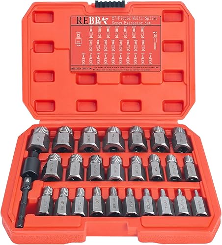REBRA Juego de 27 extractores de tornillos, kit de extracción de pernos fácil de sacar de 3/8 pulgadas, cabezal hexagonal multilínea para quitar