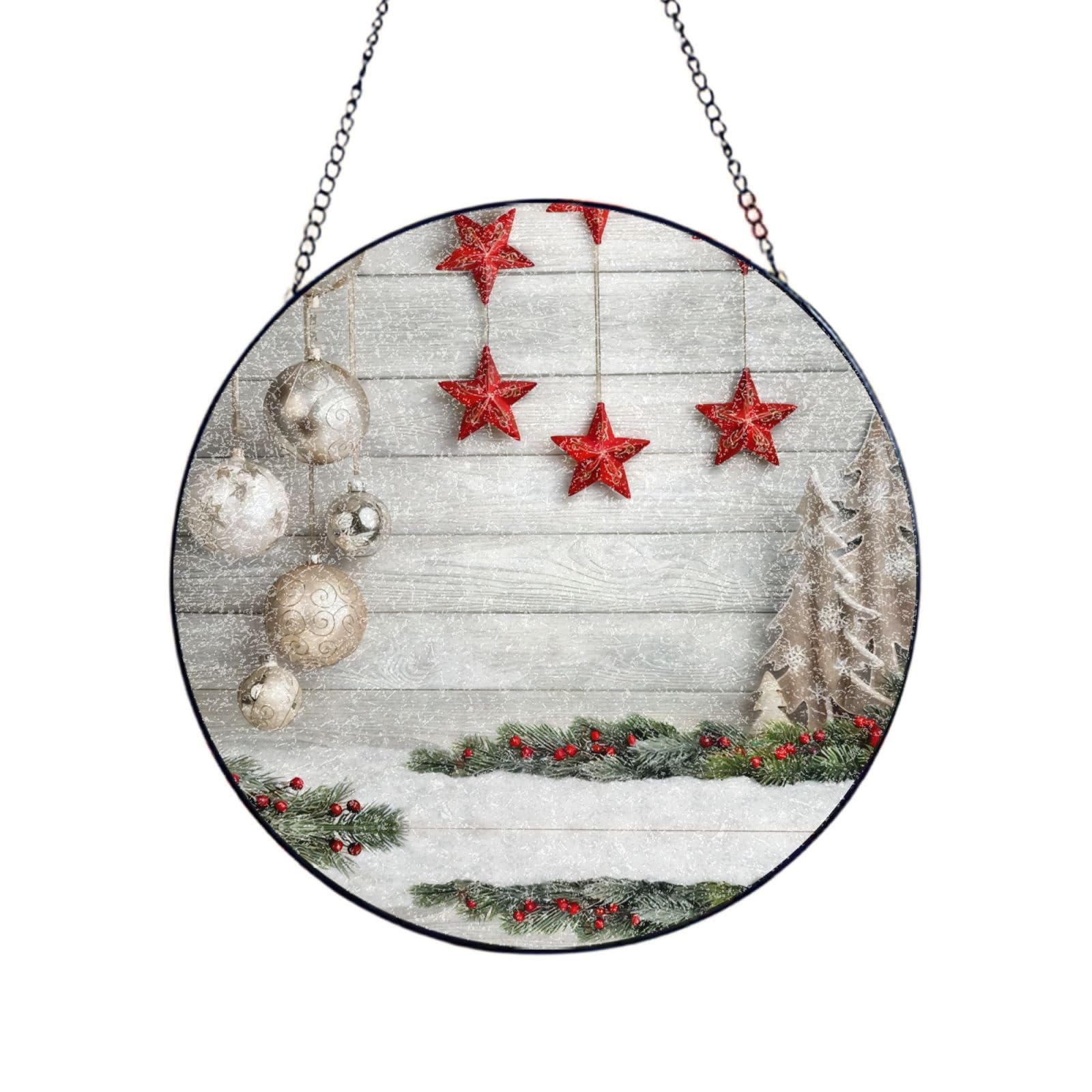 Phayah Christmas Tree And Bells Print Glass Window Hanging Sun Catchers Suncatcher Decor For Birthday For Home Garden Porch 12in（30cm）