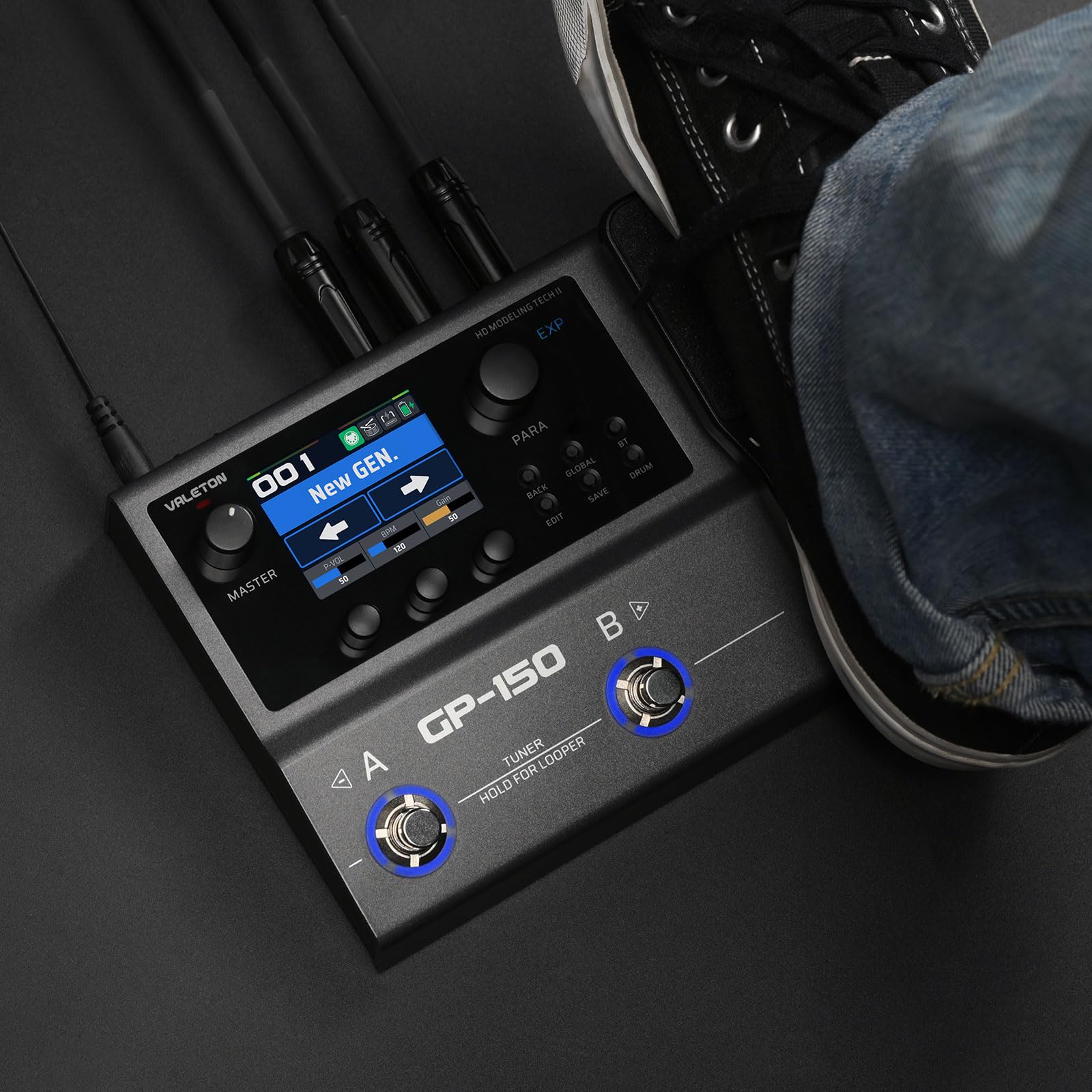 VALETON Processore Multi-Effetti con 200+ Effetti HD, Caricamento IR/NAM, Looper 180s, Batteria e BT GP-150