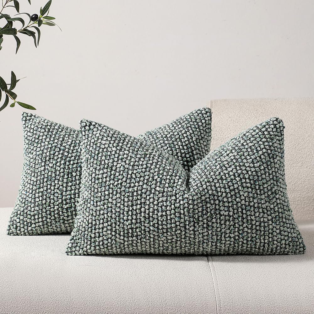 DEZENE Striped Throw Pillow Covers 12x20 Set of 2 Green Textured Polyester Chic Morden Boho Accent Farmhouse Rectangular