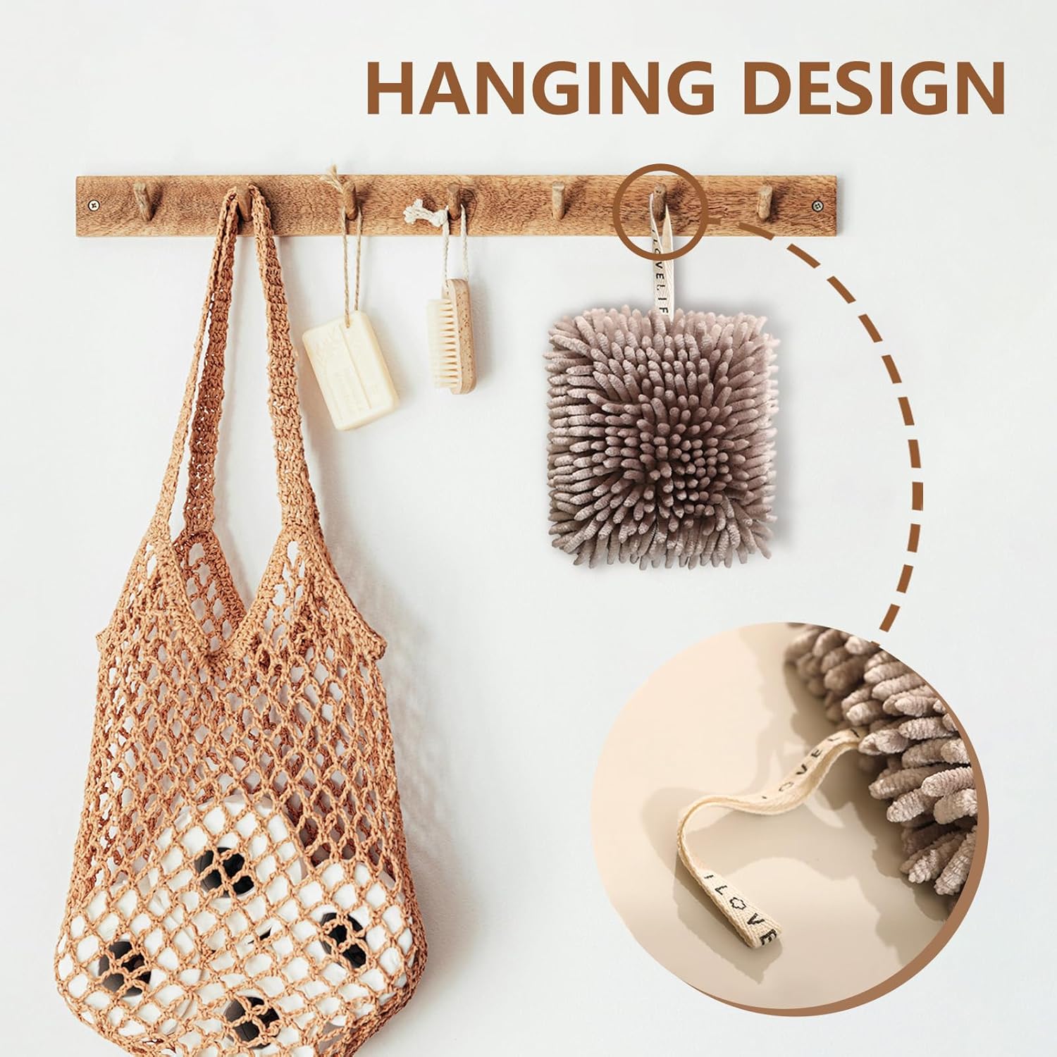 Fuzzy Ball Hand Towel Set of 4 Hanging Chenille Puff Ball Hand Towels Super Absorbent Quick Dry Hand Soft Fluffy Ball Towel for Bathroom Kitchen (Coffee+Grey)