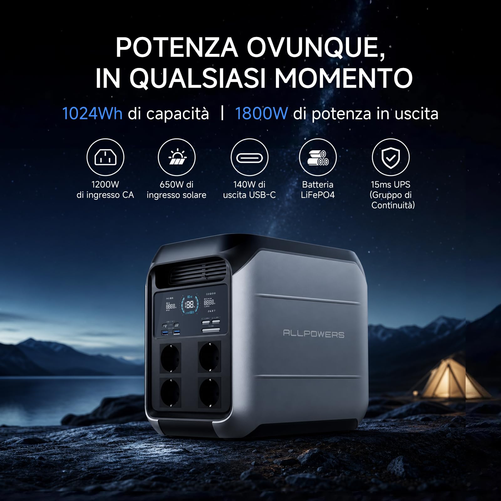 ALLPOWERS VOLIX P1800 Centrale Elettrica Portatile, LFP Batteria da 1024Wh | 4 Uscite CA 1800W (3600W Picco), 140W USB-C Stazione di Energia Portatile Alimentazione per campeggio Interruzioni Backup UPS
