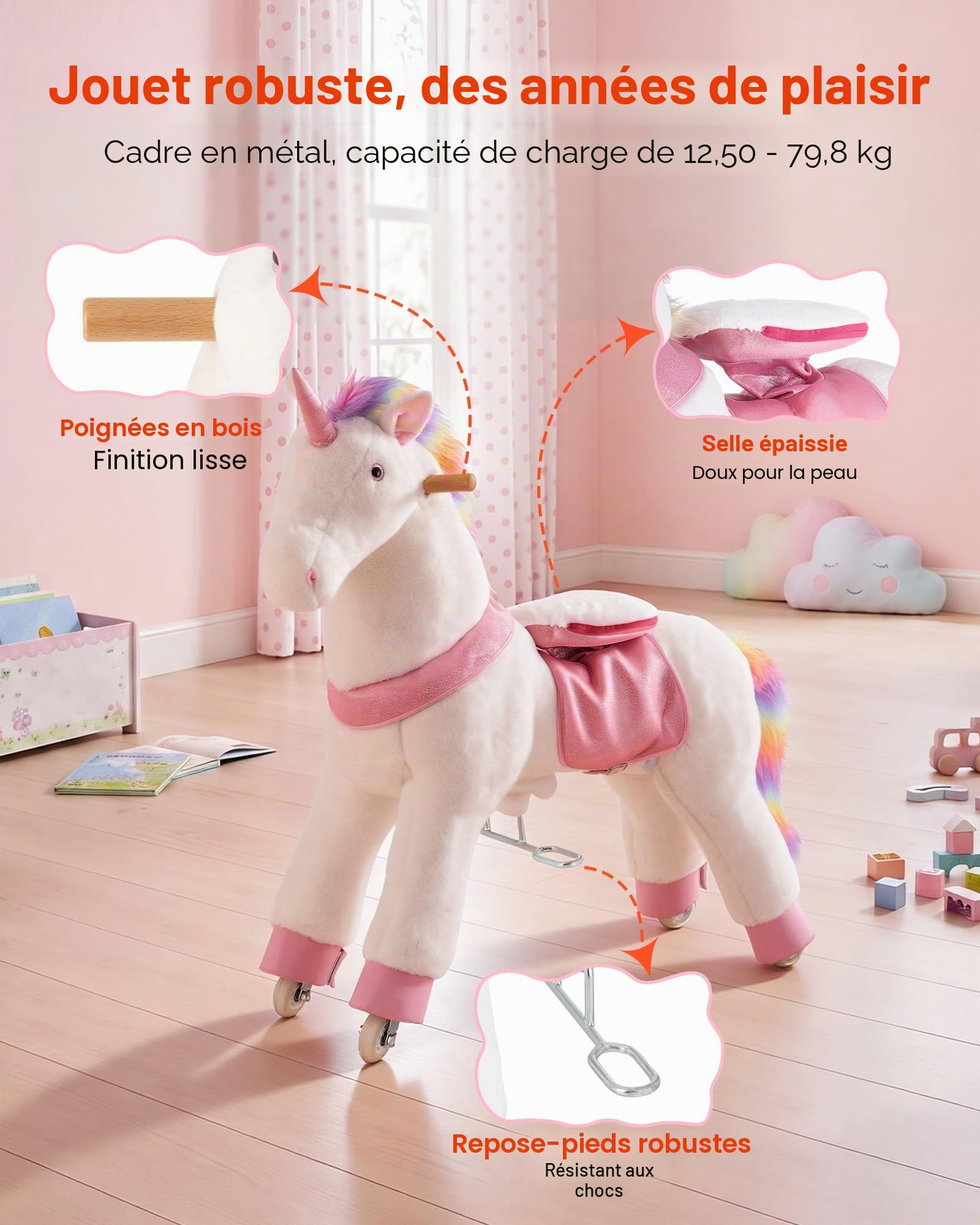 VEVOR Licorne à roulettes pour Enfants dès 6 Ans, Licorne à Monter Fonctionnant sans Pile, Charge Max. 80 kg, Jouet en Peluche avec Siège Rehaussé, Poignées, Pédales et Roues avec Anneau Anti-Recul