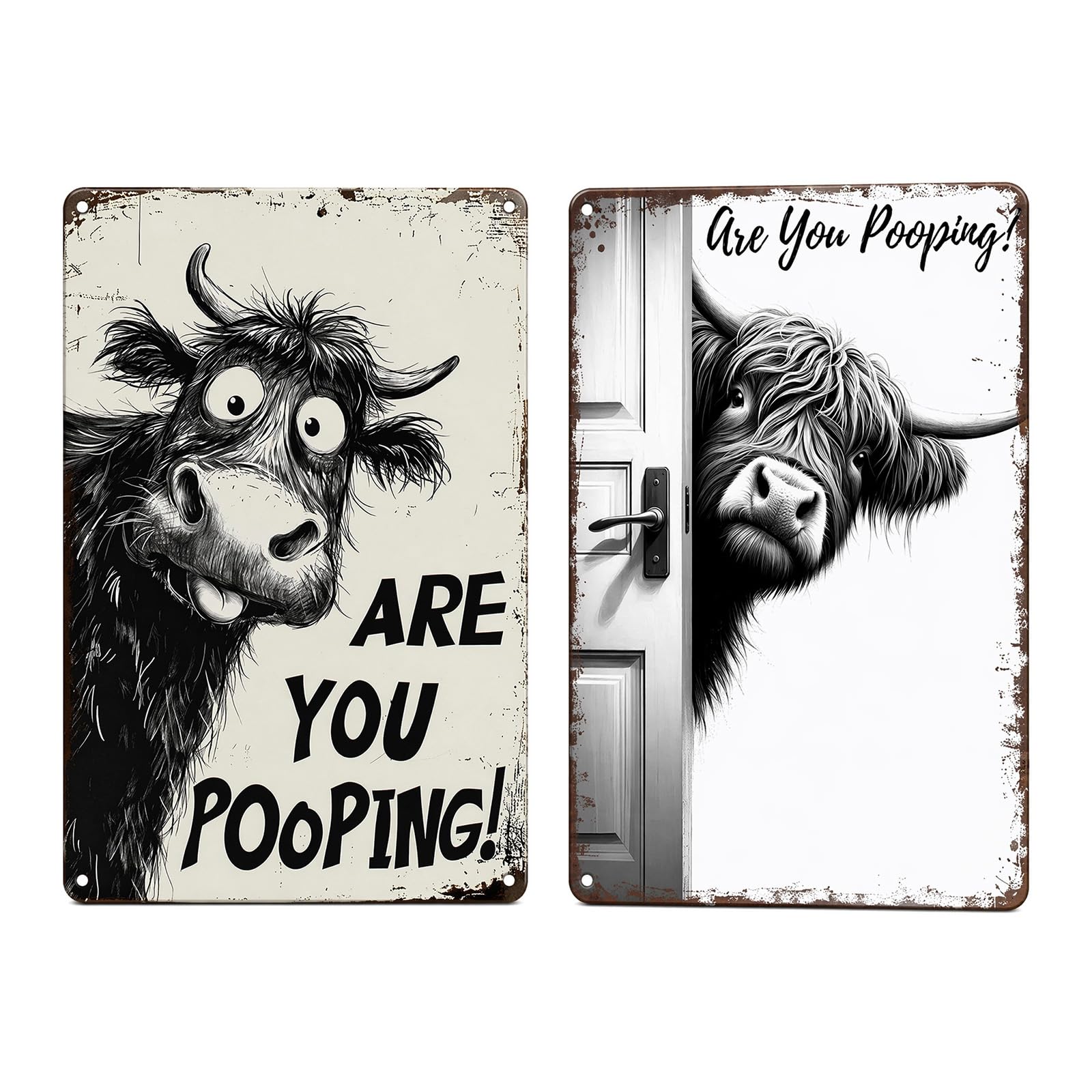 "Are You Pooping?" Highland Cow Bathroom Pictures, Funny Metal Sign, 2Pcs