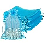 HRX Package 100pcs Organza Bags Turquoise Blue, 5x7 inch Mesh Drawstring Gift Bags Jewelry Pouches for Christmas Candy Party Favor