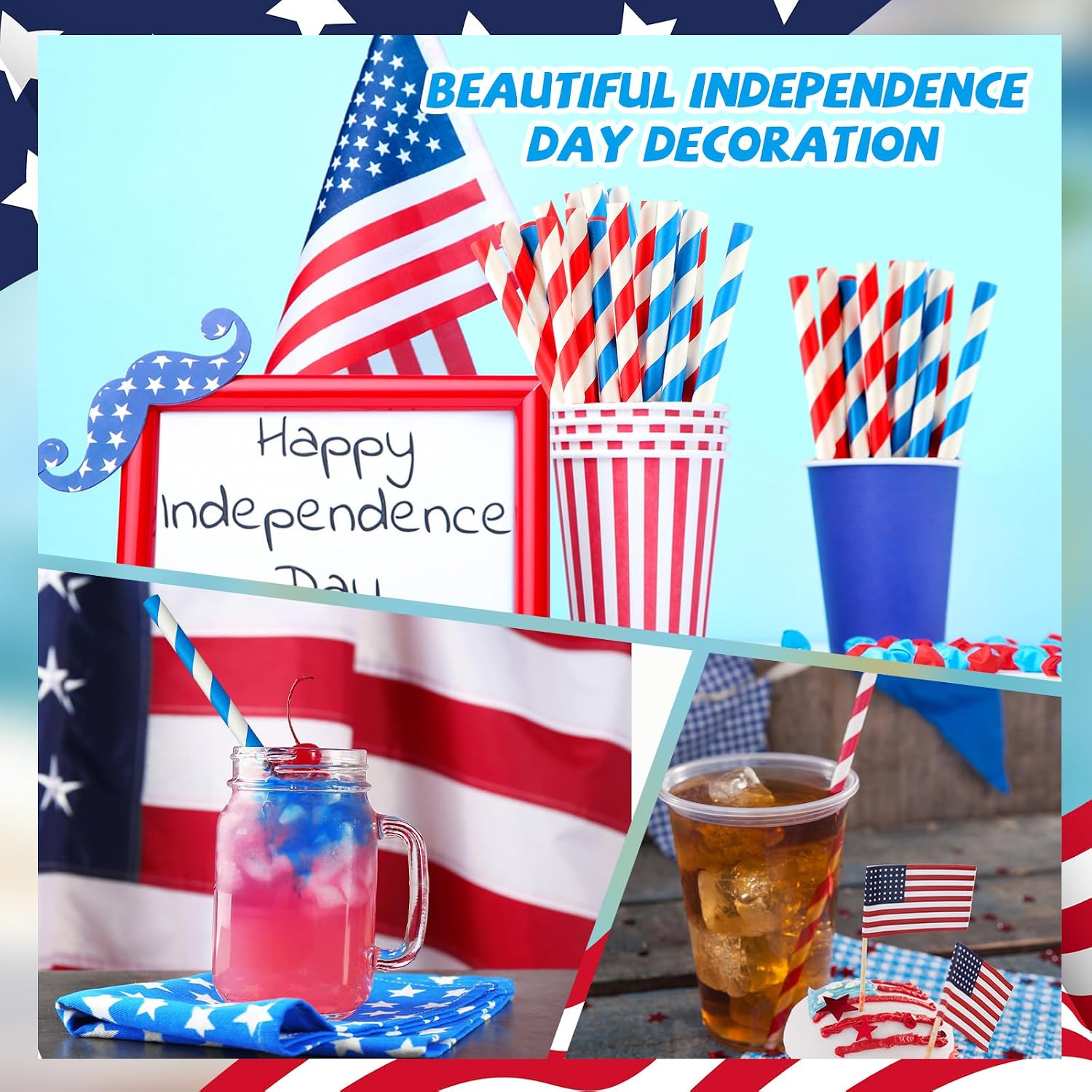 Reallnaive 100 Pack 250th Anniversary 4th of July Paper Straws - 0.4" Extra Wide Patriotic Smoothie Jumbo Straws Red Blue White Striped Durable for 2026 Independence Day Celebration