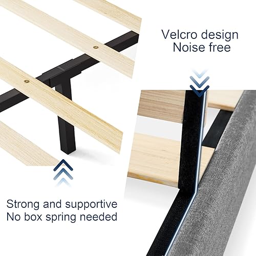 Miniatura 6 de Molblly Base de cama tamaño King tapizada con cabecero, marco fuerte y soporte de listones de madera, envoltura de tela de lino, antideslizante y
