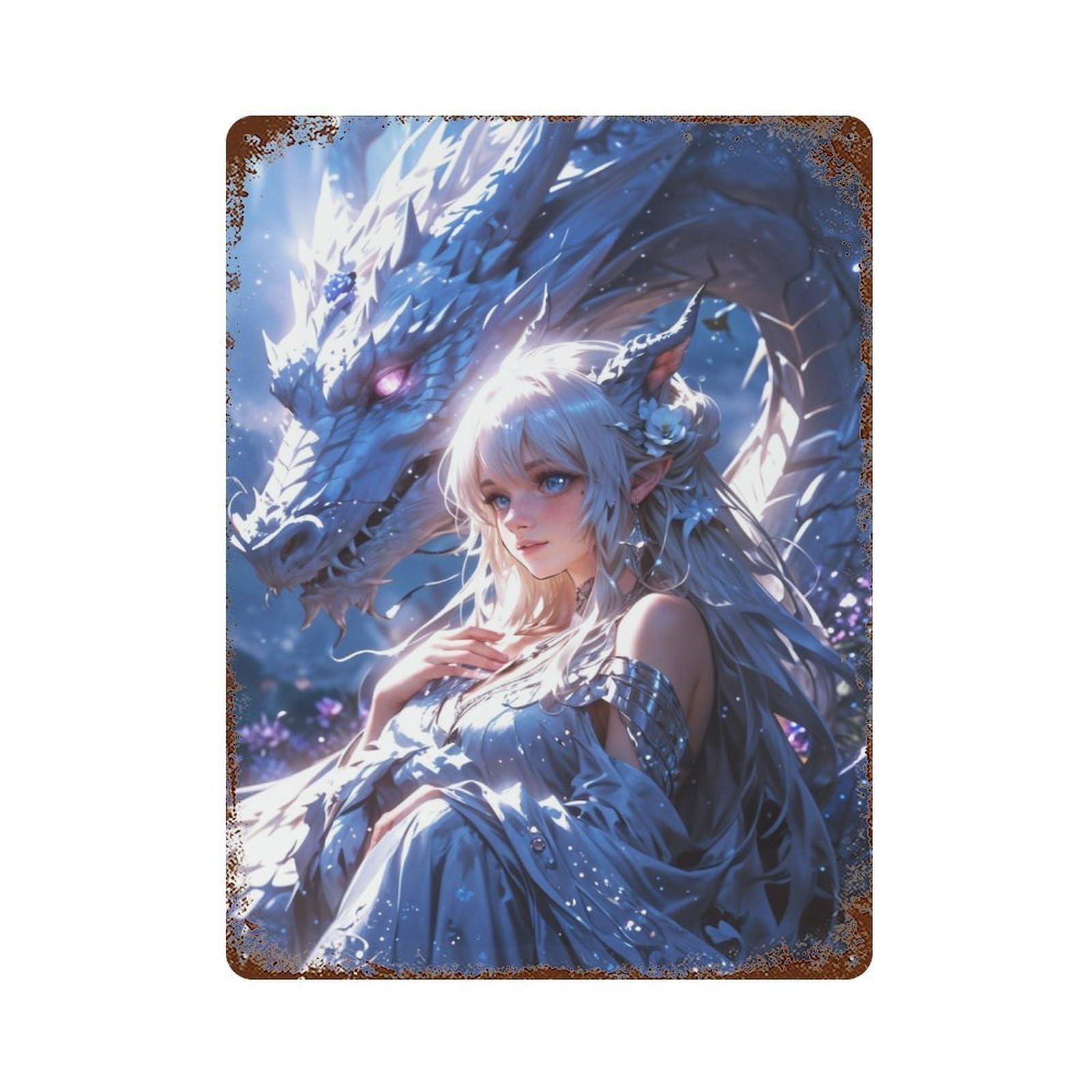 Enchanted Bond Elven Maiden And Mystic Dragon Vintage Rust Metal Sign 15.7"x11.8", Ideal for Basement, Hobby Room And Garage Decor