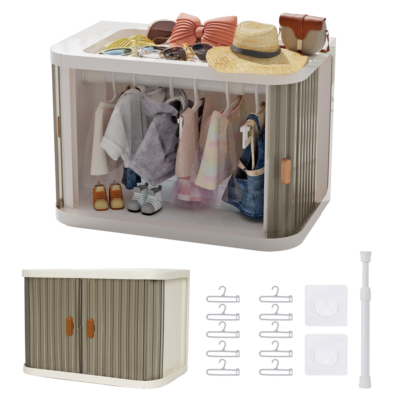 Creproly Doll Wardrobe Storage Box, Foldable Doll Closet with 10 Hangers and Rod for 15/17cm Doll Clothes Stackable Organizer Cabinet with