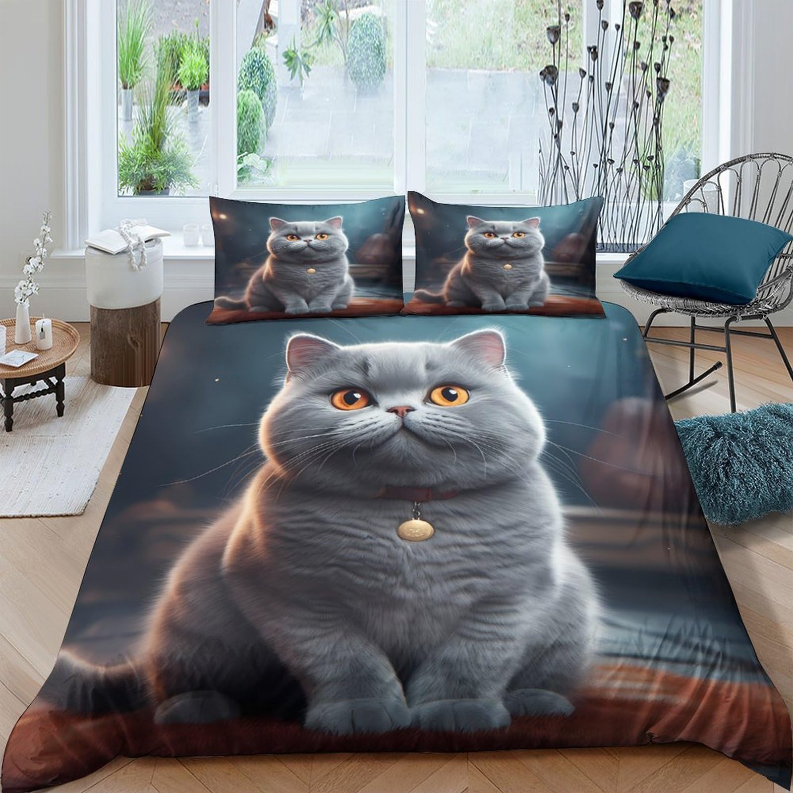 GPLZQXKJNH 3D Printed Grey Cat Duvet Cover Microfiber Soft Breathable Kitten Bedding Set with 2 Pillowcases for Bedroom Decor Single（135x200cm）