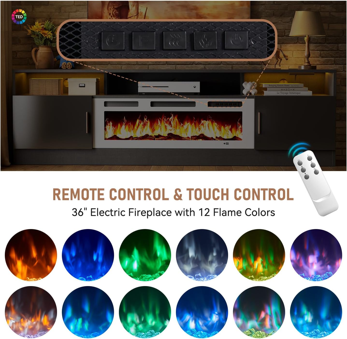 Close-up of the electric fireplace control panel and a remote control, with a display of 12 different flame colors.