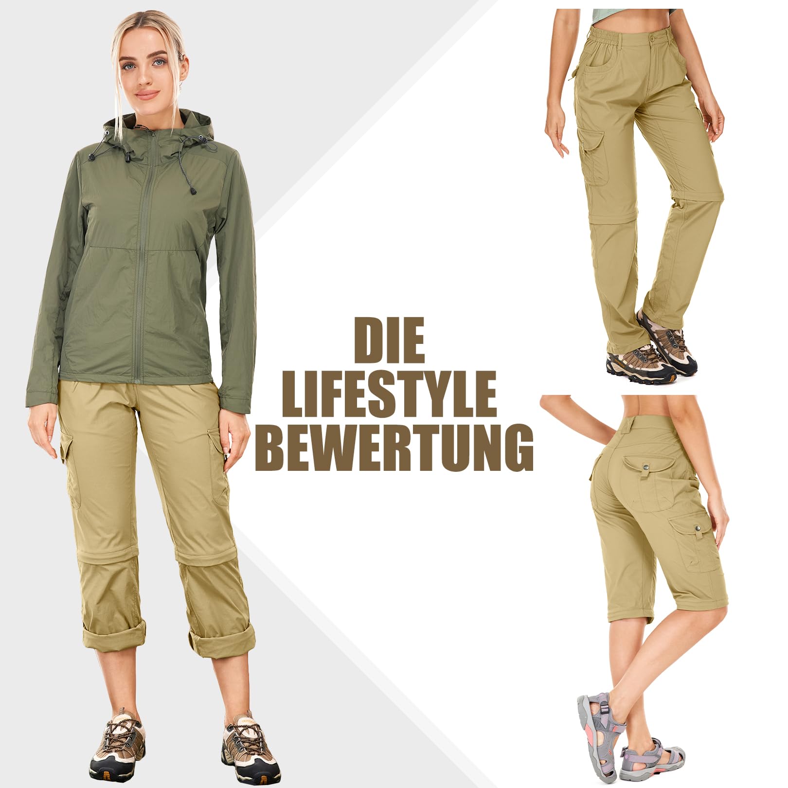 Pantaloni da trekking da donna, con cerniera, traspiranti, da trekking, elasticizzati, rimovibili, per attività all'aria aperta, estivi, per escursioni