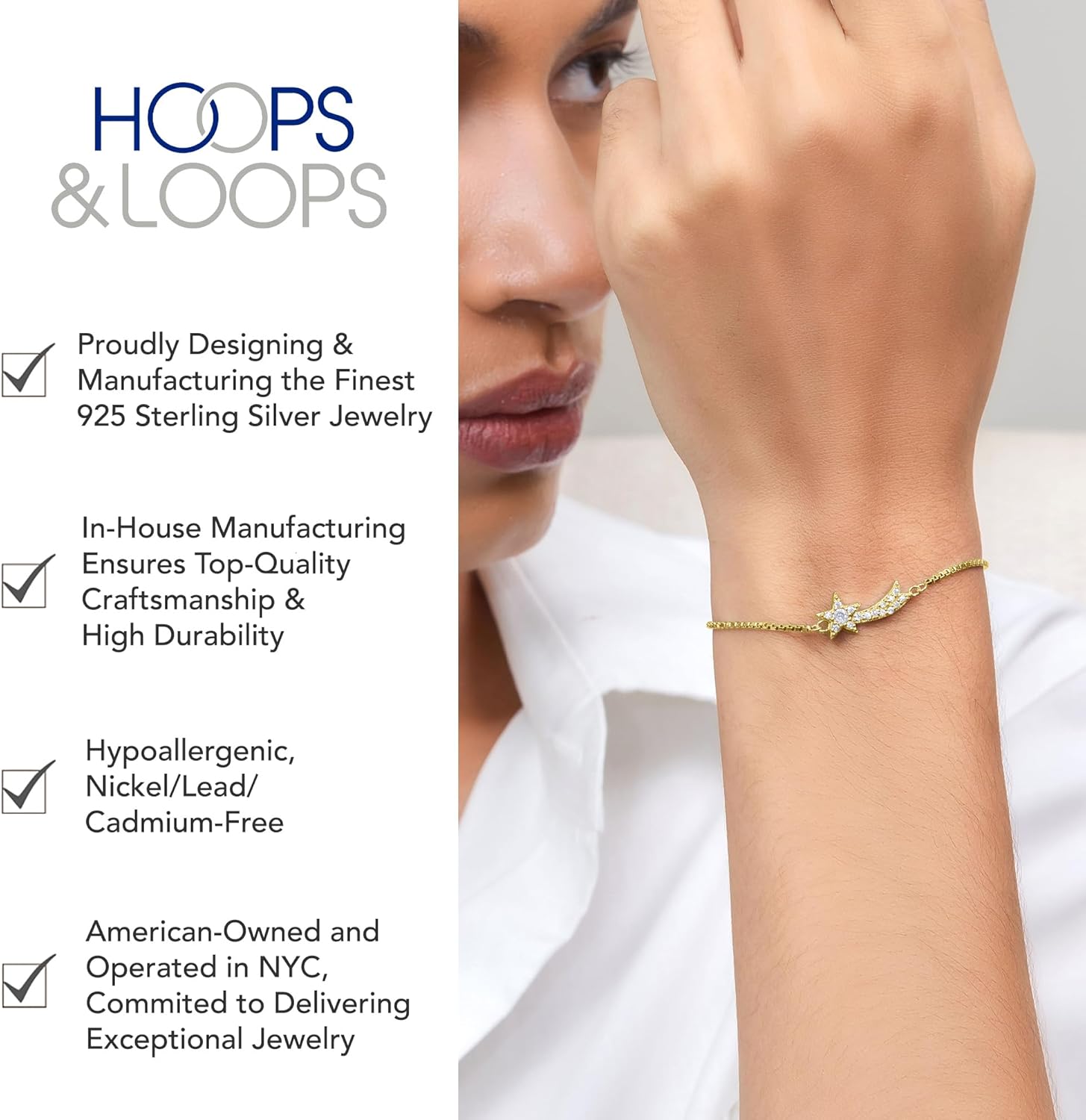 Hoops & Loops Shooting Star Bracelet, 925 Sterling Silver Cubic Zirconia Adjustable Pull Tie Bracelet for Women Men Teens, Silver/Gold/Rose Gold - Image 3