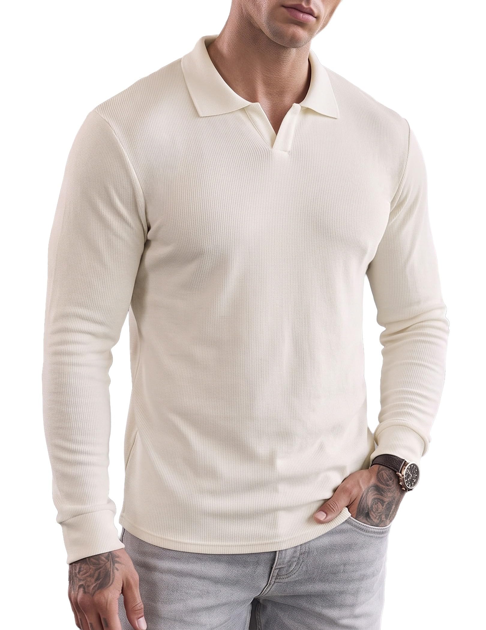 JMIERR Men's Ribbed Polo Shirt Slim Fit Long Sleeve