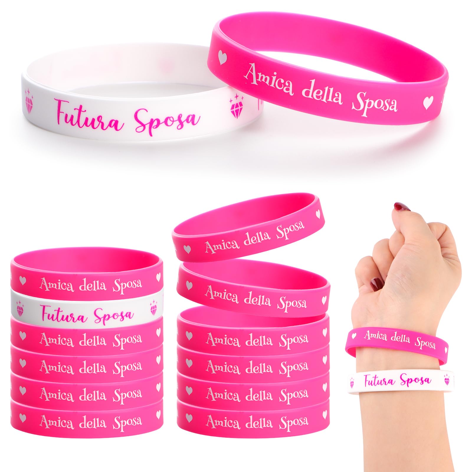 JKJF 13 Braccialetti Per Addio Al Nubilato – Fascia Tribù Sposa (Bianco) E 12 Rosa, Elastici, Morbidi, Per Feste E Matrimoni