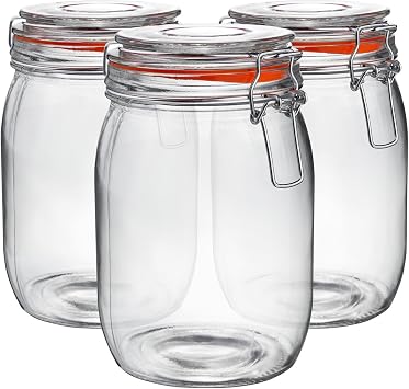 Argon Tableware Glass Jars with Airtight Metal Clip Lid - 1000ml/33.8oz - 3 Pack - 4 Colour Seals - Large Kitchen Storage Container Round Preserving Jar for Pickling, Chutney, Jam, Coffee