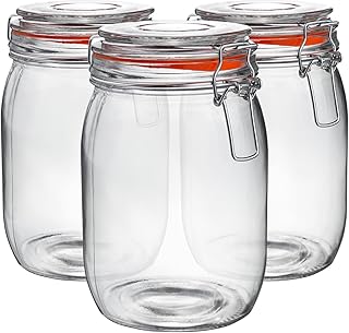 Argon Tableware Glass Jars with Airtight Metal Clip Lid - 1000ml/33.8oz - 6 Pack - 4 Colour Seals - Large Kitchen Storage Container Round Preserving Jar for Pickling, Chutney, Jam, Coffee