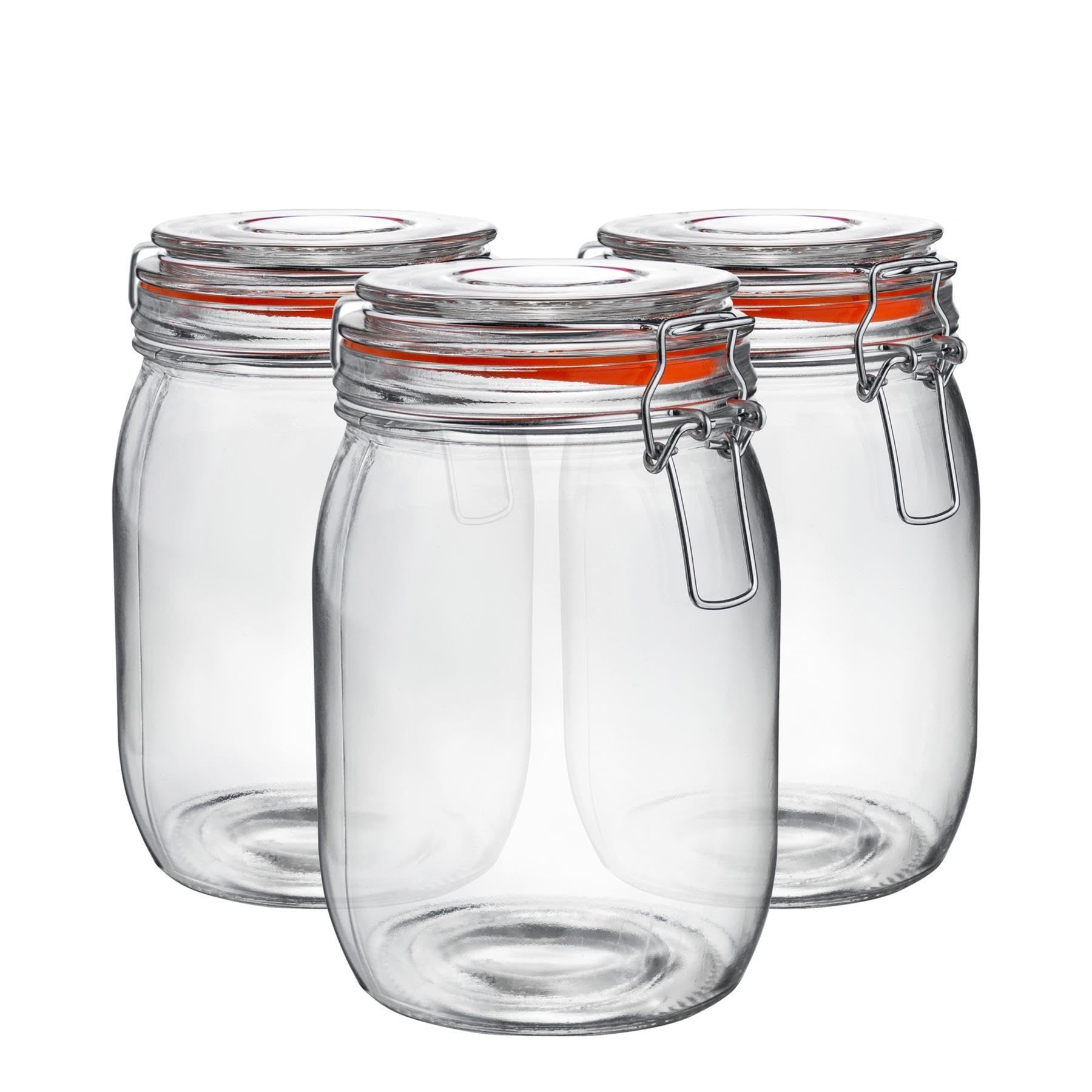 Argon Tableware Glass Jars with Airtight Metal Clip Lid - 1000ml/33.8oz - 3 Pack - 4 Colour Seals - Large Kitchen Storage Container Round Preserving Jar for Pickling, Chutney, Jam, Coffee