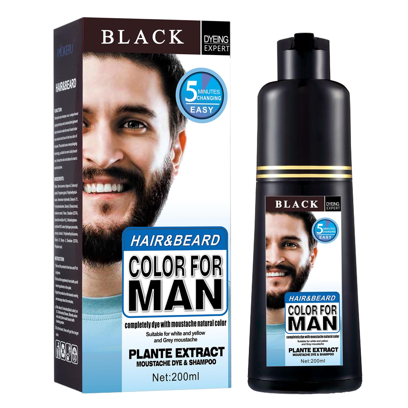 Men's Mustache & Beard Dye for Gray Hair Coverage - Natural Black Color in 5 Minutes, Easy Application Shampoo for Facial Hair 200ml