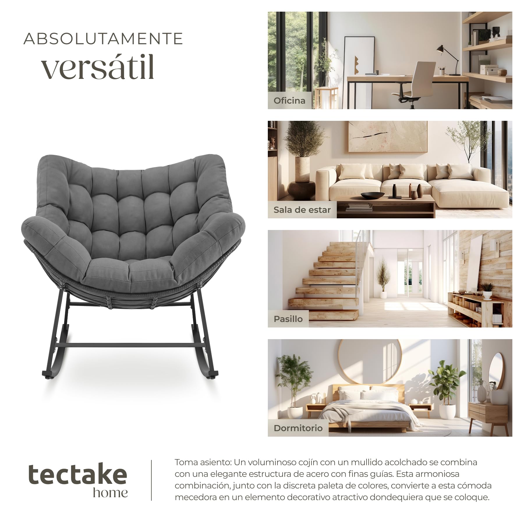 tectake® Silla Mecedora, Cojín Lavable Grueso, Sillon Lectura, 99,5 x 93 x 89 cm, Carga 120 kg, Butaca Salon, Interior Exterior, Sillon Lactancia, Sillones Dormitorio, Butaca Dormitorio - Antracita