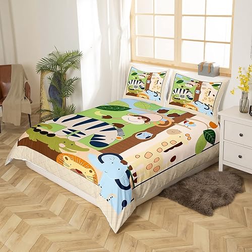 Miniatura 2 de Funda de edredón de animales del zoológico de dibujos animados para niños pequeños, lindo león, mono, elefante, juego de ropa de cama para