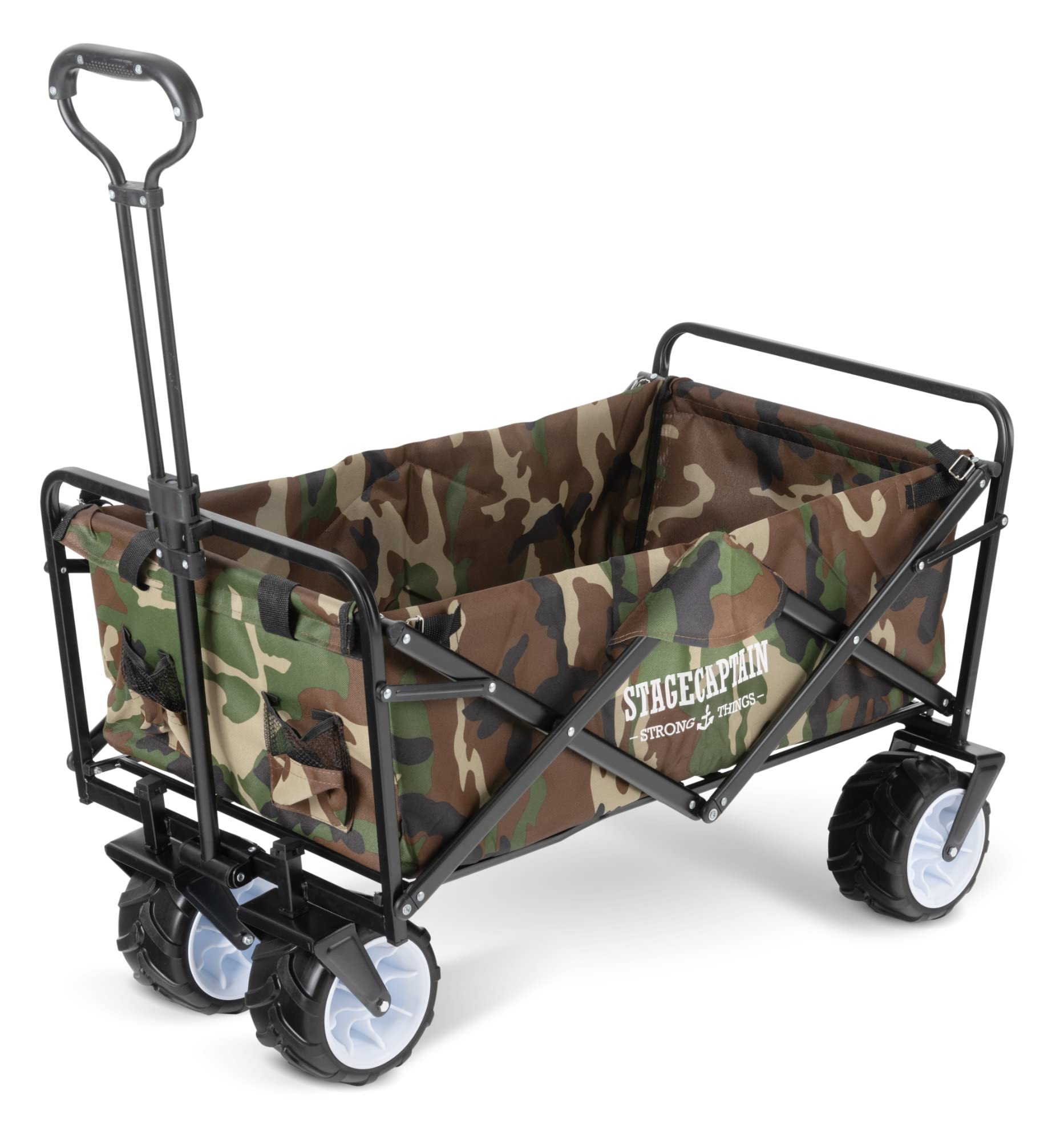Stagecaptain BW-907 CA Bollerwagen faltbar, Camouflage | 150 kg Traglast, breite freidrehende Reifen, 600D x 300D Polyester, faltbares Metallgestell, 2 Außentaschen
