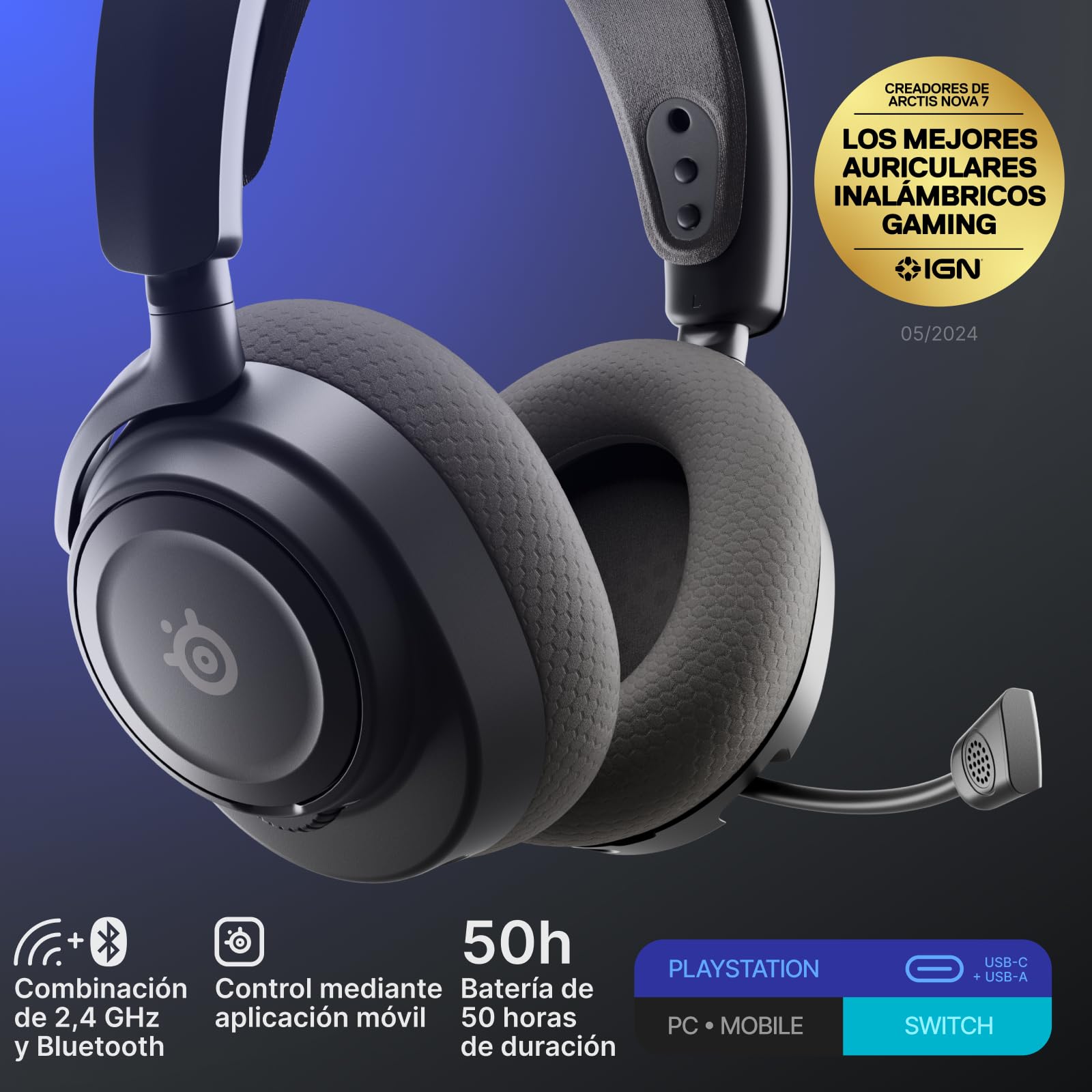 SteelSeries Arctis Nova 7P Wireless Gen2 Auriculares gaming multiplataforma -Control de app en tiempo real -Más de 50 horas -Controladores magnéticos de neodimio -2,4 GHz y Bluetooth -PC,PS5,Switch1/2