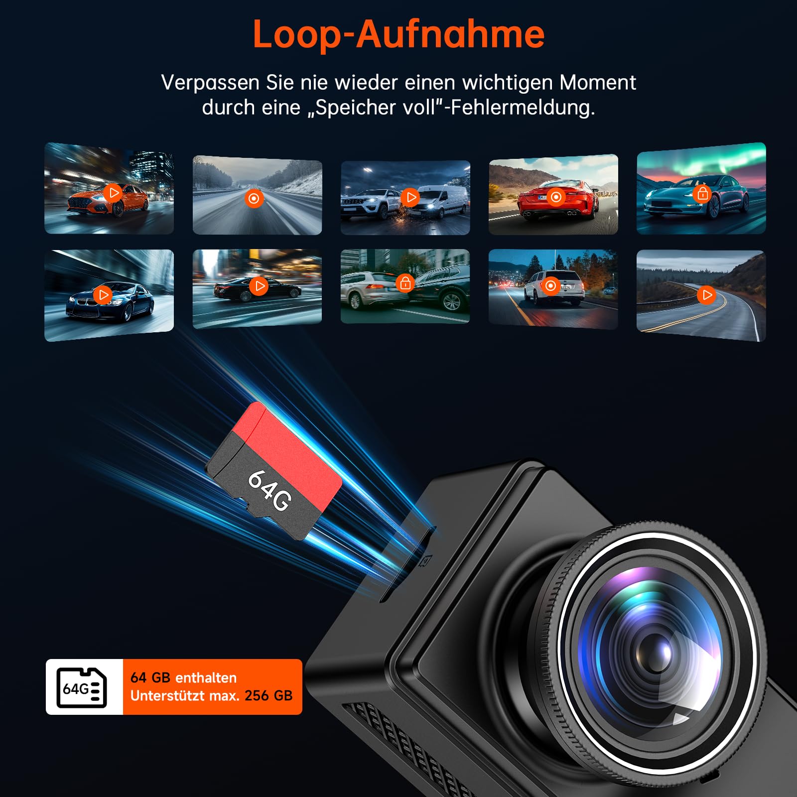 Dashcam Auto Vorne Hinten 4K+4K, WiFi Dash Cam mit 64GB SD-Karte | 3,2'' Bildschirm, Super Nachtsicht, WDR, G-Sensor, 24/7 Parküberwachung, Loop-Aufnahme, APP Steuerung, Max 256G
