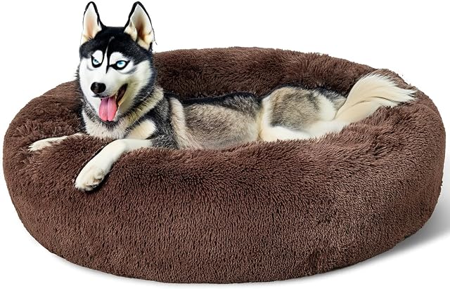 SEOUGEE Cama calmante para perros con forma de dona, cama redonda de felpa esponjosa, acogedora, suave