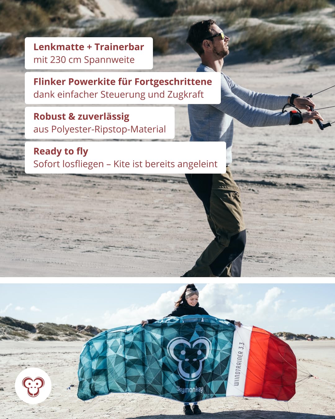 Skymonkey Windtrainer, Trainer-Kite / 4-Leiner Lenkmatte inkl. Trainerbar, Ready 2 Fly, mit 230 cm oder 330 cm Spannweite