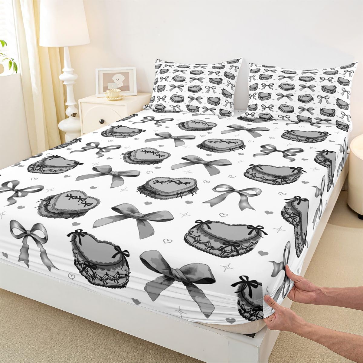 Homewish Czarna muszka zestaw prześcieradeł podwójne urocze miłosne serce prześcieradła marzycielska księżniczka kokardka pościel - Kawaii geometryczna muszka zestaw pościeli 4-częściowy kawaii