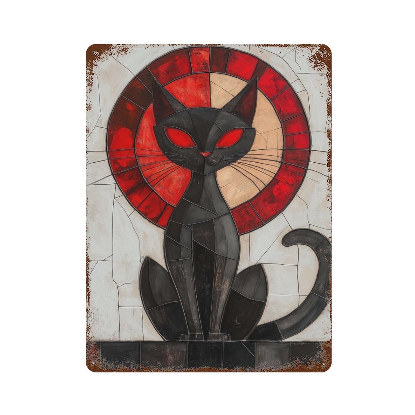 Stained Glass Black Cat Rustic Tin Plaque 15.7"x11.8", for Shed, Workshop And Garage Wall Decor, Rustic Home Decor
