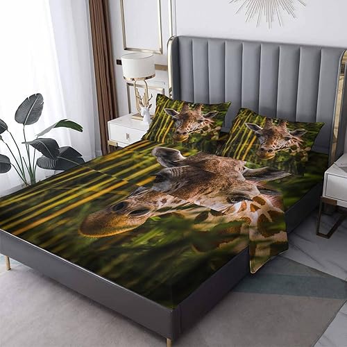 Juego de sábanas de jirafa tamaño Queen, sábanas de animales en 3D, microfibra suave, bolsillo profundo, sábanas y fundas de almohada estampadas sin