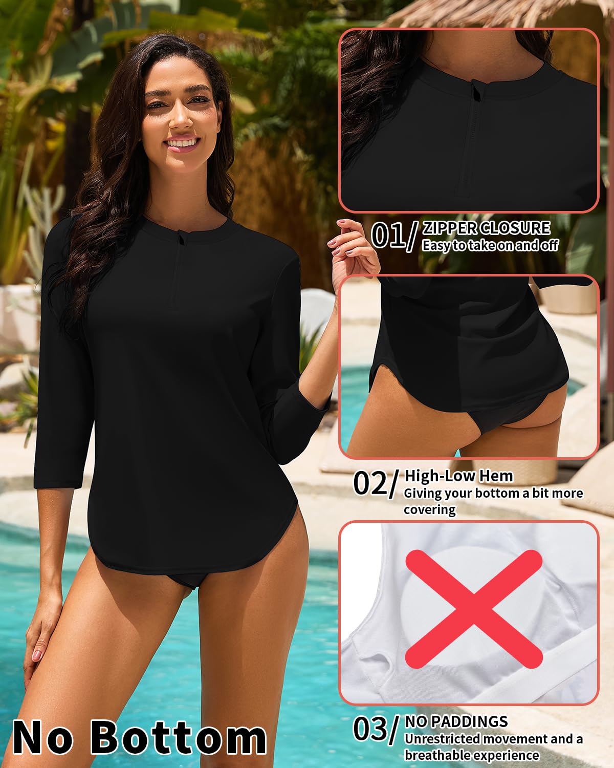 WOWENY Haut de Maillot de Bain Tee Shirt Anti UV Femme Rashguard Manches 3/4 avec Fermeture Éclair 1/4 UPF 50+ Séchage Rapide pour Sports Nautiques Surf Plage